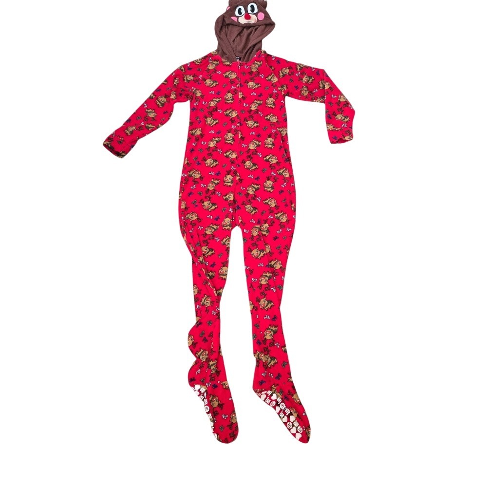 Joe Boxer Reindeer Hooded Footed Union Suit Red Fleece Pajamas Christmas L
